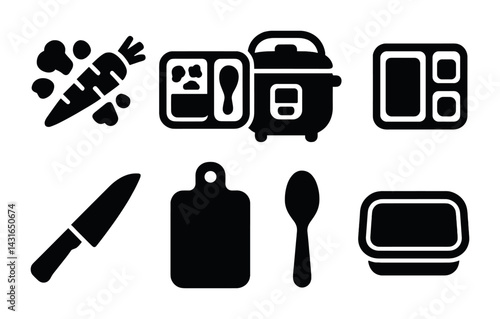 Meal preparation solid icons set – filled style for healthy cooking, kitchen tools, and food organization: carrot, bento, rice cooker, lunchbox, knife, cutting board, spoon.