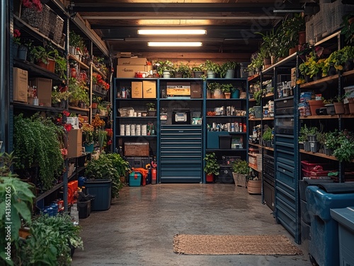 A vibrant garage filled with plants, tools, and organized supplies, showcasing a green oasis