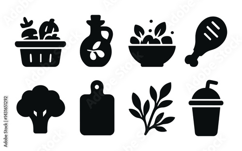 Healthy cooking solid icons set – silhouette style gourmet cuisine, organic ingredients, and food preparation symbols: vegetables, olive oil, salad, chicken, broccoli, cutting board, herbs, smoothie.