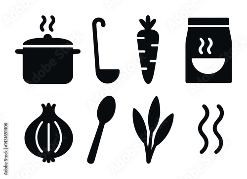 Culinary cooking solid icons set – filled style kitchen, recipes, and cooking essentials: pot, ladle, carrot, soup packet, onion, spoon, herbs, steam.