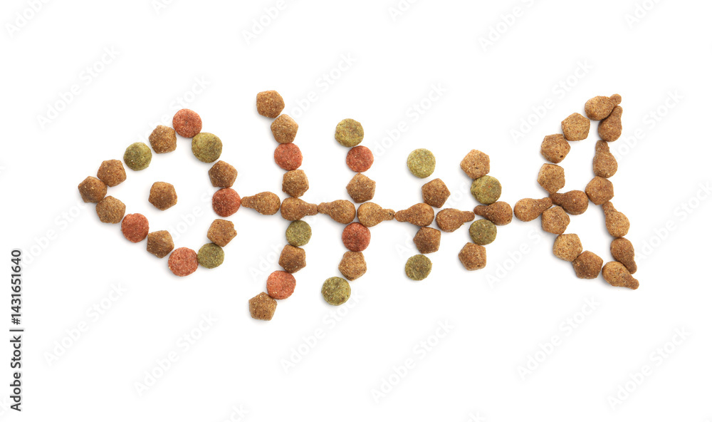 Fish skeleton made of dry pet food isolated on white, top view Fish skeleton made of dry pet food isolated on white, top view