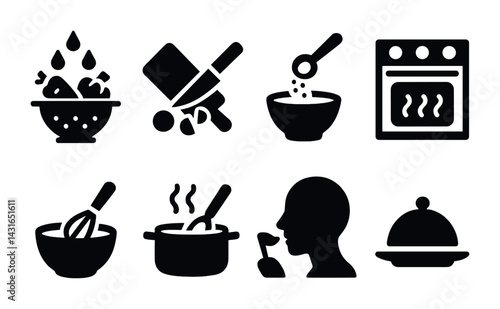 Culinary black icons set – filled style cooking, kitchen, and recipe symbols for food lovers: ingredients, cutting board, measuring spoon, oven, whisk, cooking pot, taste test, dish cover.