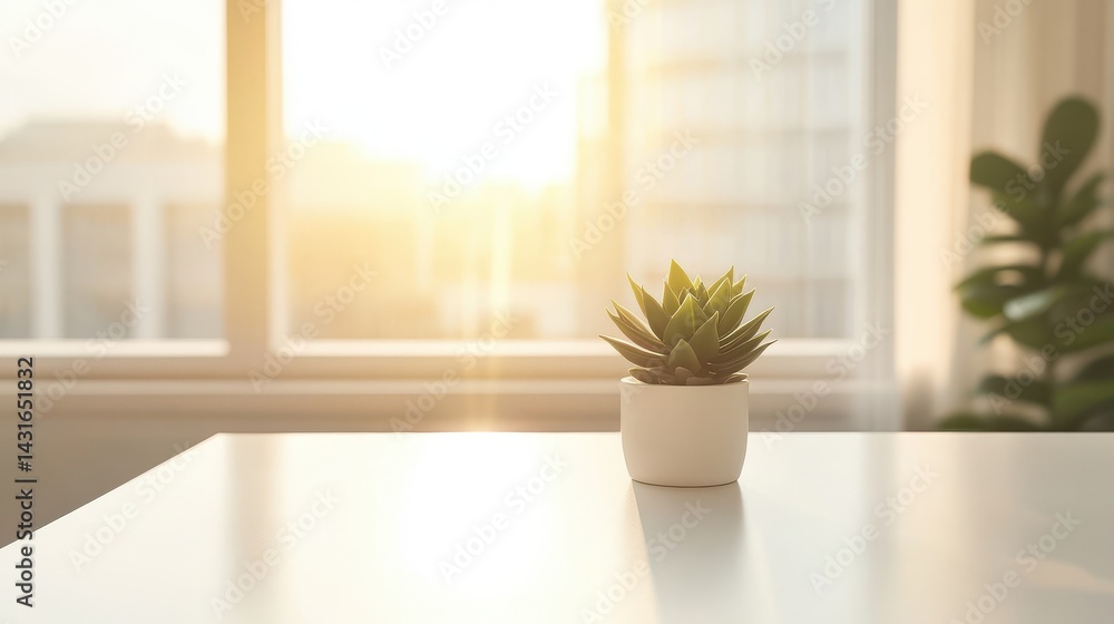 Fototapeta premium Sunlit indoor scene featuring succulent plant on table near window