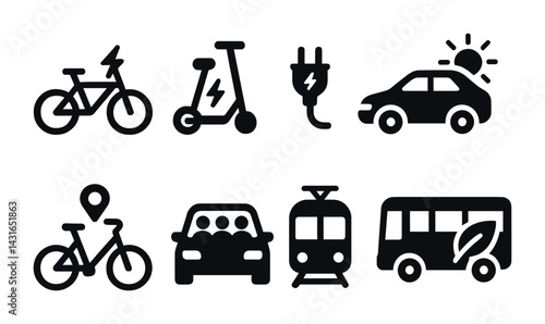 Eco-friendly transportation icon set – solid style mobility, sustainability, and urban commuting symbols: bicycle, electric scooter, plug, car, location pin, tram, bus.