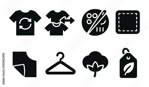 Eco-friendly clothing icons set – solid style apparel, sustainability, and fabric symbols for ethical fashion: t-shirt, recycle, sewing, fabric, cotton, hanger, tag, patch