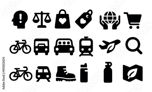Eco-friendly transportation and shopping solid icons – silhouette style symbols for sustainable travel and eco products: bicycle, car, train, airplane, shopping bag, recycle, globe