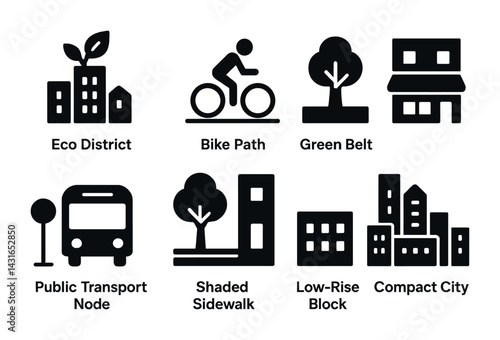 Sustainable urban development solid icons set – flat eco-friendly city planning, transportation, and green space symbols: eco district, bike path, green belt, public transport node, shaded sidewalk,