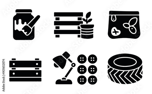 Gardening and diy solid icons in filled style - home improvement, craft projects, and plant care visuals: paint can, pallets, planter, seeds, toolbox, lamp, buttons, tire