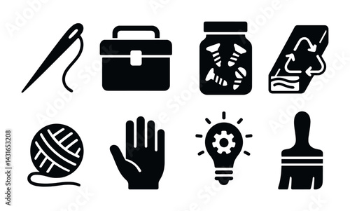 Craft and diy solid icons set – filled style handmade, knitting, and recycling symbols for creative projects: needle, toolbox, jar, recycling, yarn, hand, light bulb, brush.