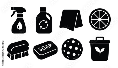 Eco-friendly household icons set - solid style sustainable living and green products symbols for eco-conscious design: cleaning spray, recycle bottle, tent, citrus, soap, brush, compost bin