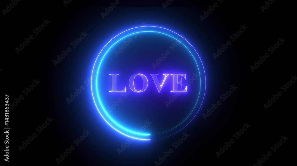 Glowing neon line love text with glowing neon line circle animation on black background. Glowing neon line love text with glowing neon line circle animation on black background.