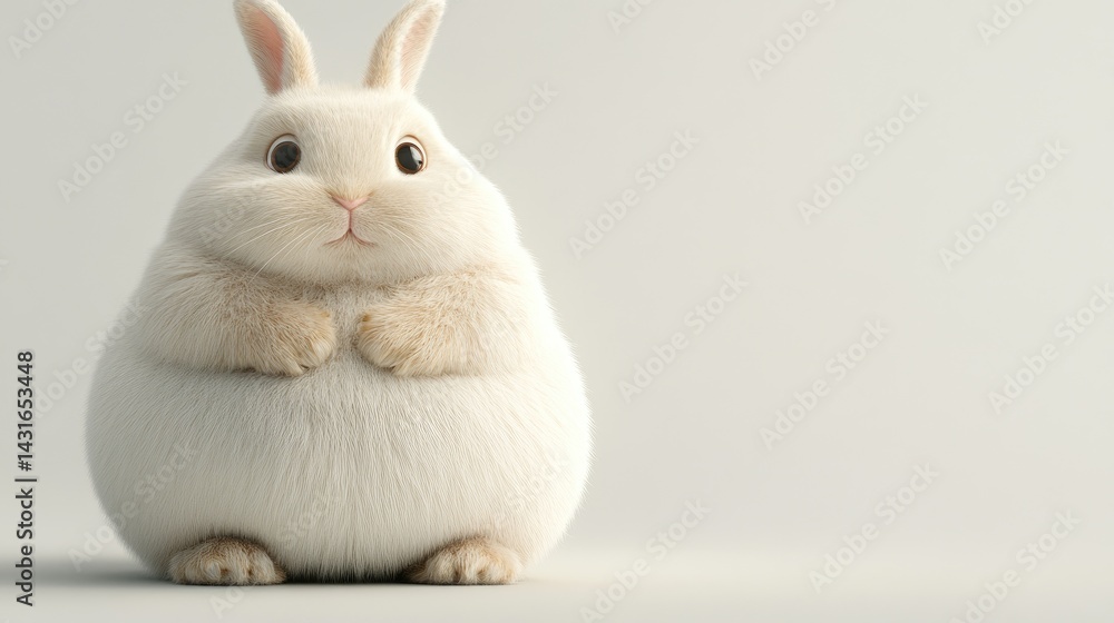 Obraz premium A realistic 3D illustration of a chubby, fluffy rabbit sitting calmly with its paws tucked under its round body. Soft lighting highlights the texture of its fur on a clean white background.