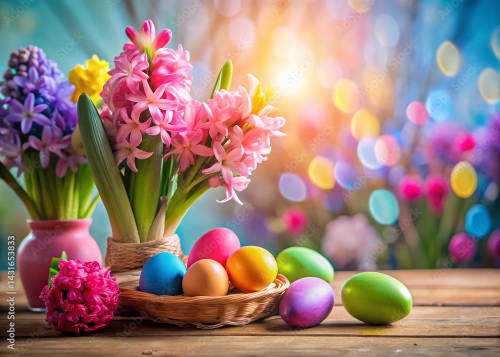 Happy Easter: Colorful Eggs & Pink Hyacinth Bouquet - Spring Festive Background Happy Easter: Colorful Eggs & Pink Hyacinth Bouquet - Spring Festive Background