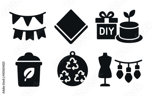 Eco-friendly crafts icon set – solid style sustainability, diy, and upcycling symbols for green living: garland, napkin, gift, plant, bin, recycle, mannequin, lights.