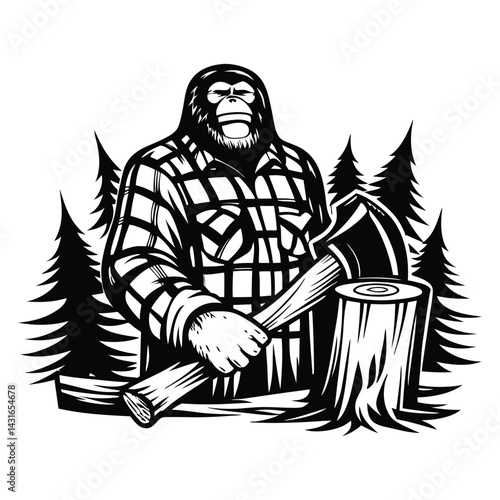 bigfoot in flannel shirt chopping wood  lumberjack