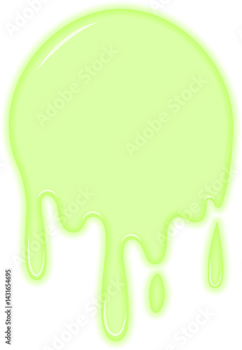 Fluorescent green liquid dripping in a crude and uneven flow, resembling a hazardous radioactive leak.