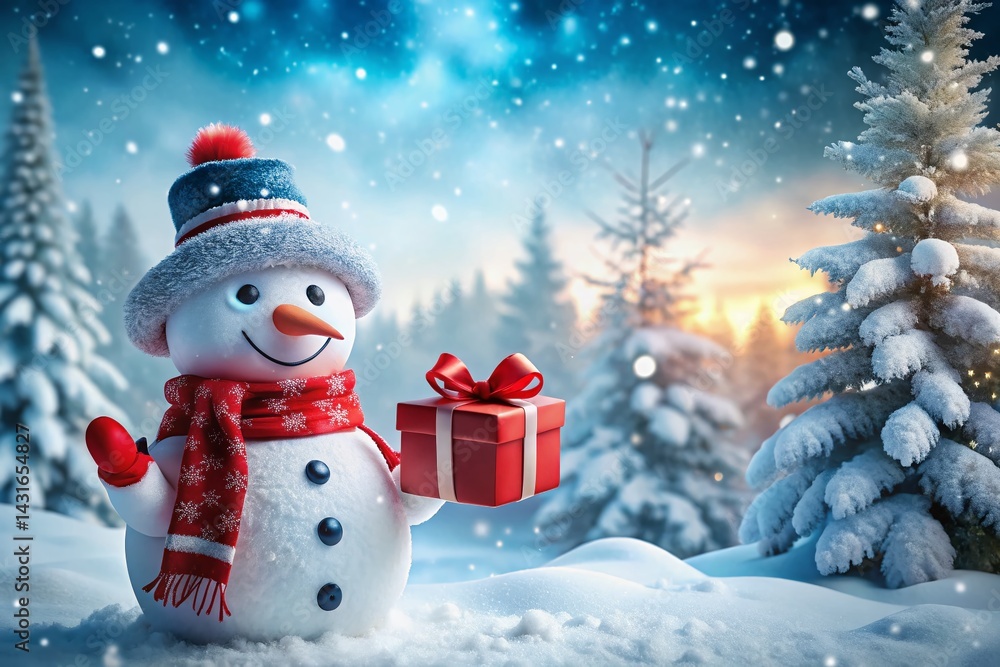 Fototapeta premium Happy Snowman Christmas Card: Winter Wonderland Scene with Gift Box & Copy Space
