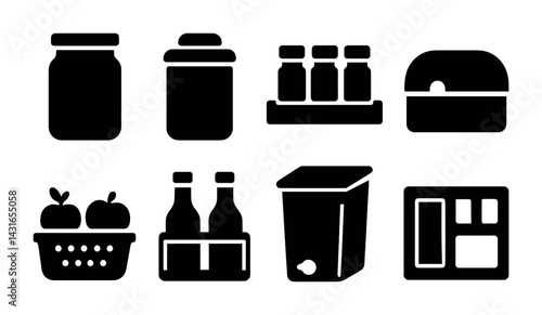 Kitchen storage silhouette icons – solid style food organization, container design for home management: jar, basket, bottles, box, caddy, organizer, dispenser, bread bin.