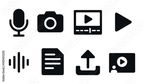 Multimedia and content creation icons - solid style for digital media, recording, and streaming essentials: microphone, camera, play button, soundwave, upload, video player.