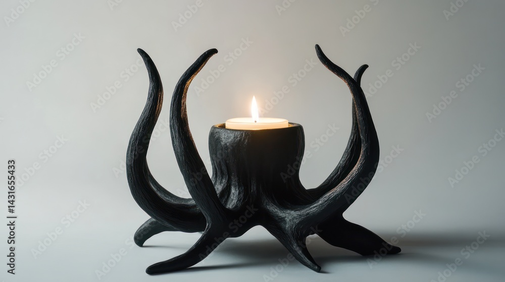 Obraz premium Black octopus candle holder, lit candle, grey background, home decor