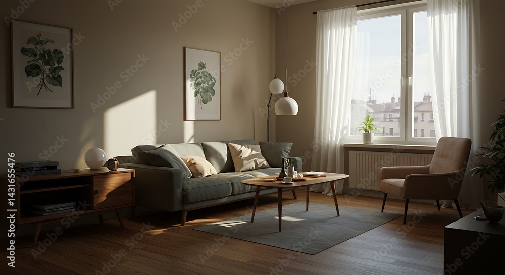 Fototapeta premium Living Room with Sofa Armchair Coffee Table and Plants