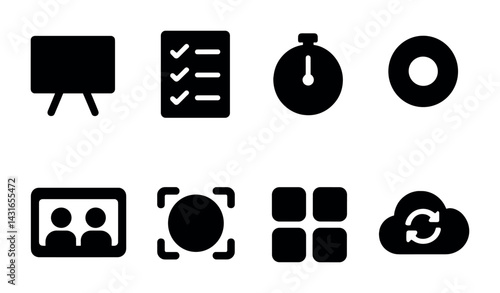 Business tools solid icons set – filled style office, productivity, and management symbols: presentation board, checklist, stopwatch, disc, contact, camera focus, grid, cloud sync