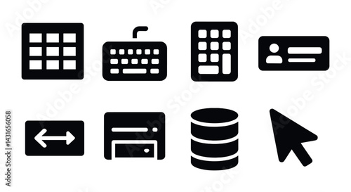Web and technology solid icons set – filled style for online applications and user interface: keyboard, database, profile, cursor, settings, server, interface, widget