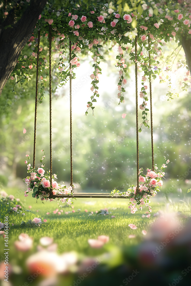 Fototapeta premium Romantic Garden Swing with Pink Roses and Sunlit Meadow