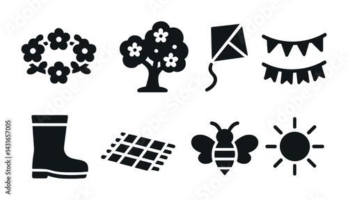Springtime gardening solid icons set – filled style nature, outdoor, and seasonal symbols for garden projects: flowers, tree, kite, garland, boot, mat, bee, sun.
