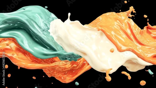 Vibrant splashes of paint in orange, teal, and white create a dynamic visual impact.