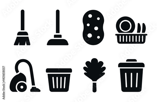 Home cleaning solid icons set – flat style for housekeeping, hygiene, and maintenance: broom, plunger, sponge, dish rack, vacuum cleaner, trash bin, feather duster.