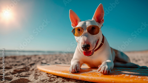 bul terrier with a surfboard