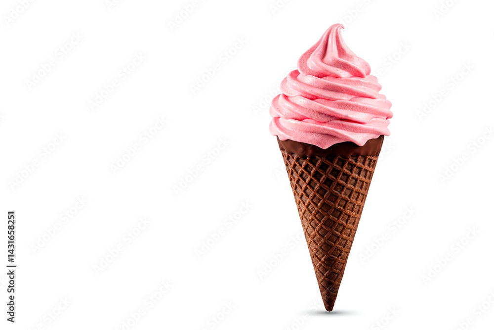Chocolate cone with strawberry ice cream on a white background. Space for text. Chocolate cone with strawberry ice cream on a white background. Space for text.