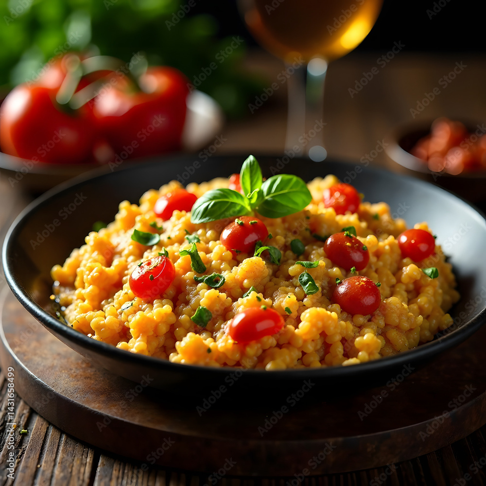 Delicious couscous dish with cherry tomatoes and basil garnish. Delicious couscous dish with cherry tomatoes and basil garnish.