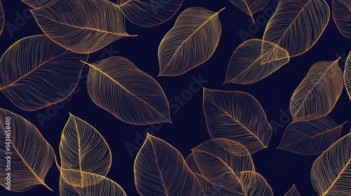 Abstract gold leaves pattern on dark blue background.