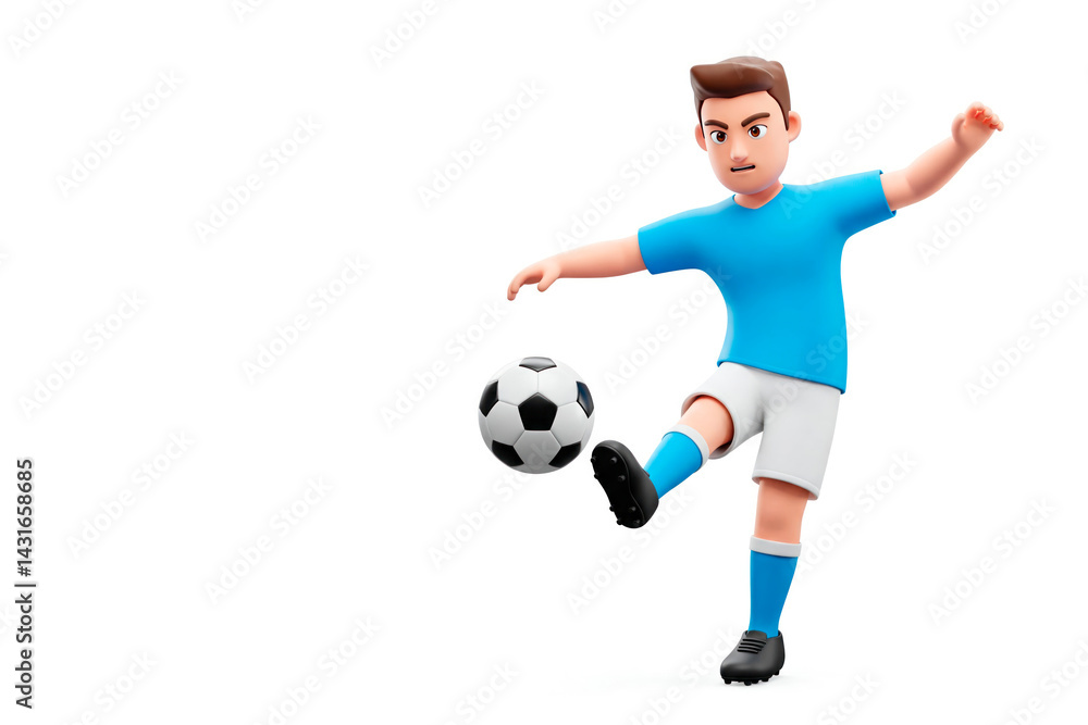 3D character of a football player in a blue uniform kicking a ball. Space for text. 3D character of a football player in a blue uniform kicking a ball. Space for text.
