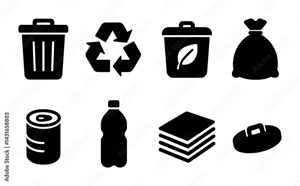 Waste management solid icons set – filled style recycling, eco-friendly, and disposal symbols: trash bin, recycle symbol, compost bin, garbage bag, can, bottle, paper stack, waste