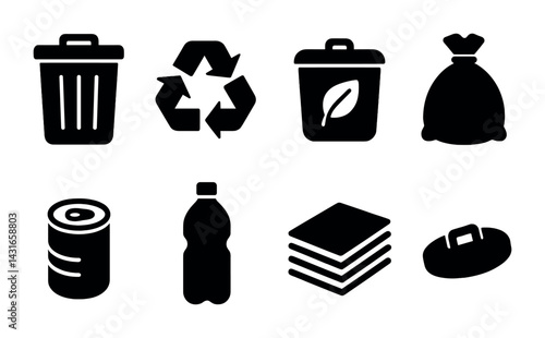 Obraz na płótnie Waste management solid icons set – filled style recycling, eco-friendly, and disposal symbols: trash bin, recycle symbol, compost bin, garbage bag, can, bottle, paper stack, waste w salonie