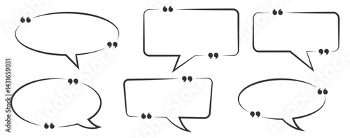 Collection of quote box frames and icons. Blank template of quote remarks. Empty speech and quote bubbles of different forms. Textbox. Quote box frame set. Blank quote boxes for text. Quotation bubble