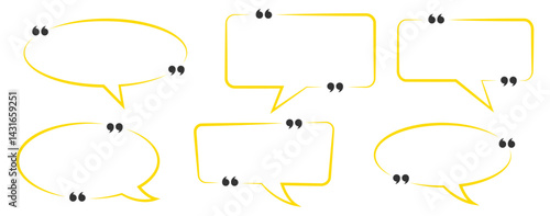 Collection of Yellow quote box frames and icons. Empty speech and quote bubbles. Yellow Quote box frame set. Blank quote boxes for text. Yellow Quotation bubble. Yellow Quote text in speech bubble.