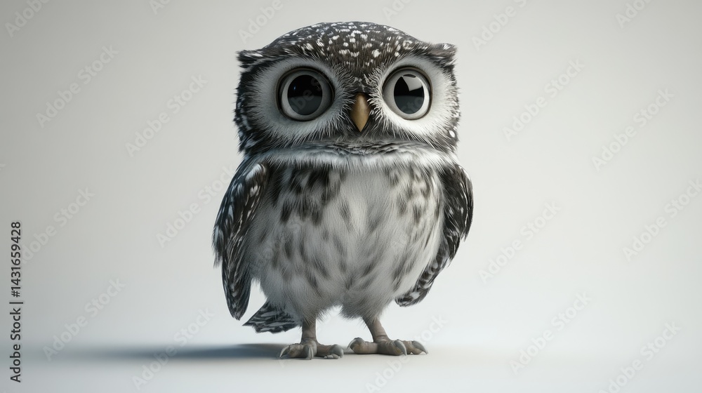 Fototapeta premium Chubby owl perched proudly, with fluffed-out feathers and big eyes, modeled in high-resolution 3D. The image uses subtle studio lighting and a white backdrop to emphasize detail and realism.