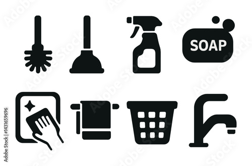 Home cleaning solid icons set – filled style housework, sanitation, and maintenance symbols for cleanliness: toilet brush, plunger, spray bottle, soap, sponge, towel, laundry basket, faucet.
