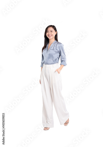 Full body image of young asian business woman posing on white background