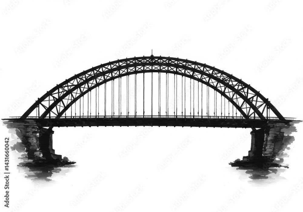 Obraz premium Steel Arch Bridge Silhouette - A striking black and white illustration of a steel arch bridge against a white background. Simple, elegant, and architectural
