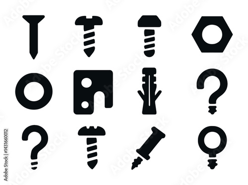 Hardware and fasteners solid icon set – silhouette style construction, diy, and repair symbols for tools and materials: screw, bolt, nut, washer, anchor, fastener, pin.