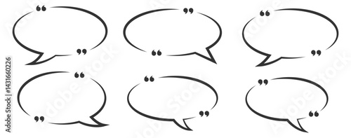 Collection of quote box frames and icons. Blank template of quote remarks. Empty speech and quote bubbles of different forms. Textbox. Quote box frame set. Blank quote boxes for text. Quotation bubble