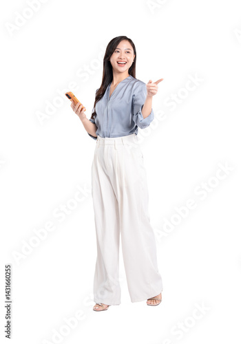 Full body image of young asian business woman using phone and  posing on white background