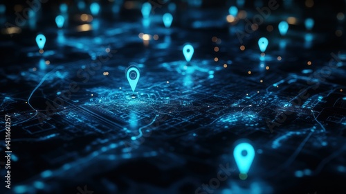 A digital map with glowing location markers, representing navigation and data visualization.