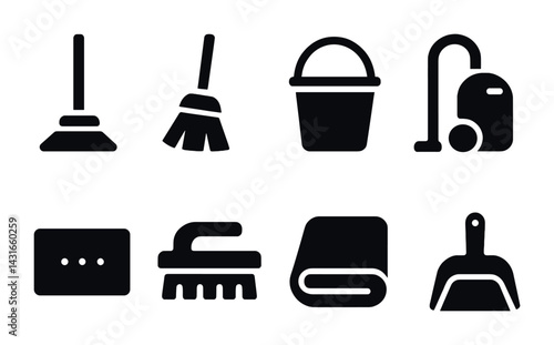 Home cleaning tools icons set – solid style for maintenance and housekeeping: mop, broom, bucket, vacuum, scrub brush, cloth, dustpan