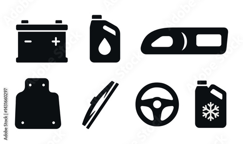 Automotive maintenance solid icons set – filled style car care, garage tools, and vehicle parts symbols: battery, oil can, side mirror, floor mat, wiper, steering wheel, coolant.